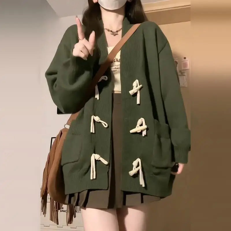 Korean Style Green Outerwear Sweater for Women in Autumn and Winter Lazy Style Medium Length Knitted Jacket Cardigan Ins Clothes