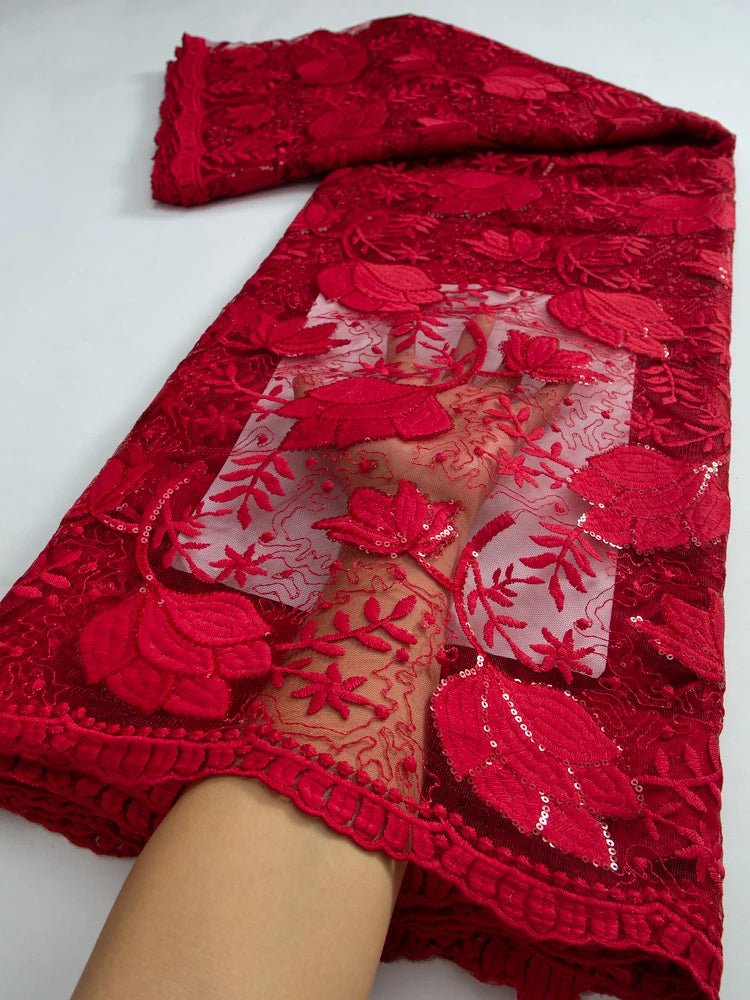 Red African Lace Fabric 2.5Yards Embroidered Nigerian Laces Fabric Bridal High Quality French Tulle Lace Fabric TY3243