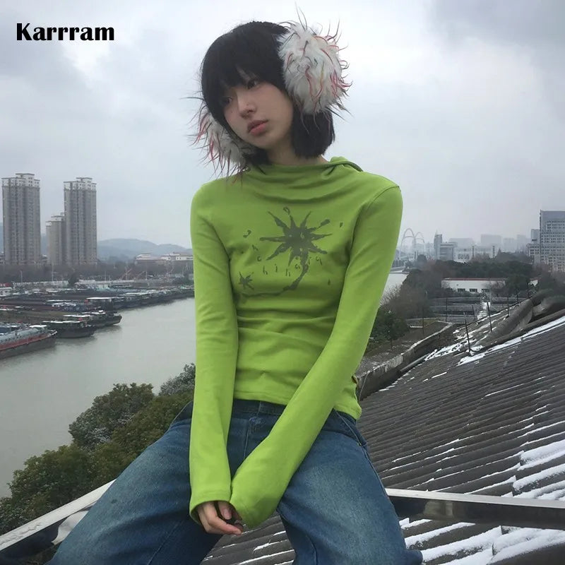 Karrram Japanese Y2k Hooded T-shirt Grunge Aesthetics Green Long Sleeve Tee Shirt Vintage Harajuku Hooded Tops 2000s Streetwear