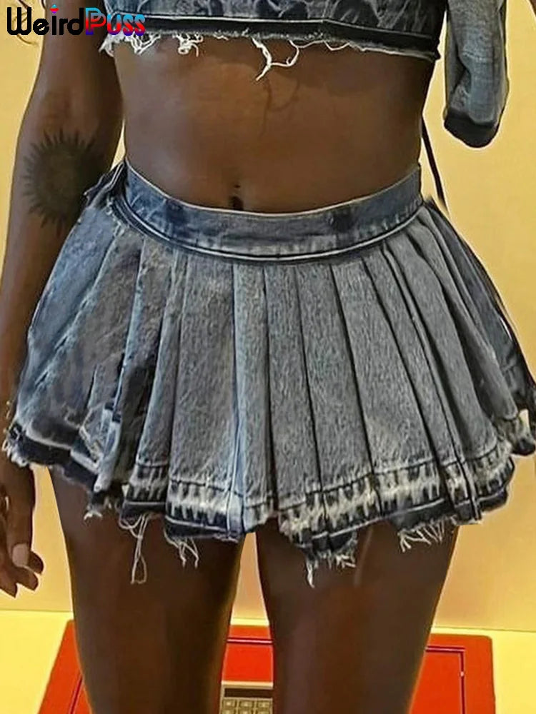 Weird Puss Pleated Denim Skirts Women Summer Trend Vintage Y2K Fashion Wild Streetwear Casual Hipster A-Line Skirt Bottoms