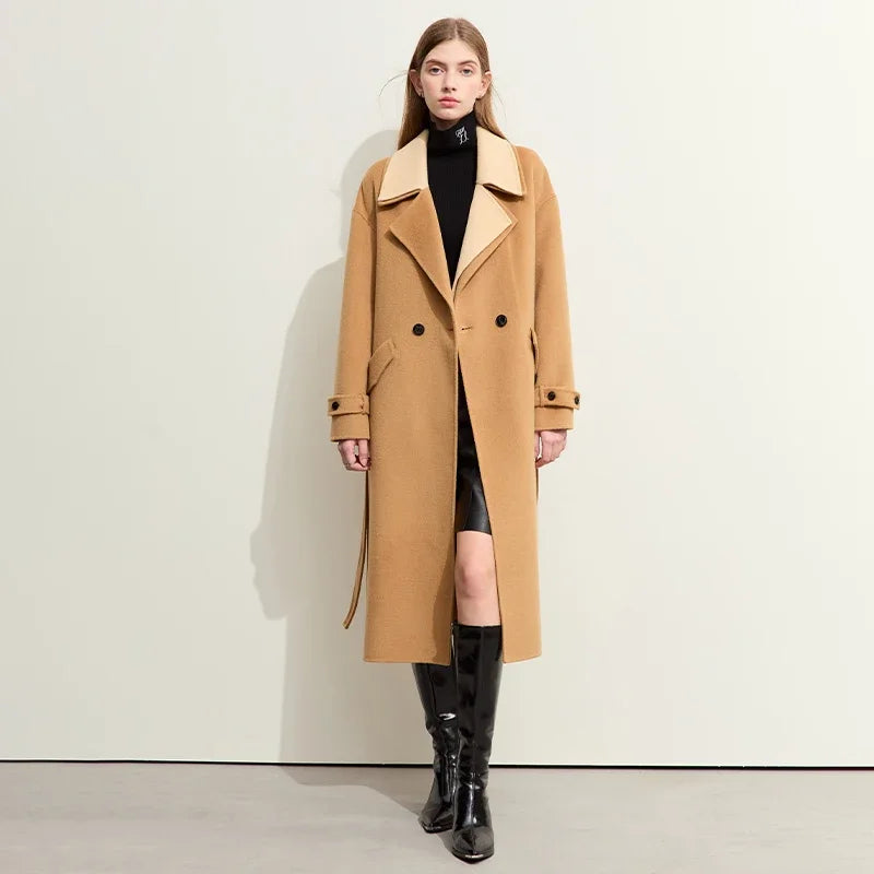 AMII Minimalist Women Wool Double Sided Coat 2023 Winter New Contrast Stitching Double Collar Old Money Style Outerwear 72374002