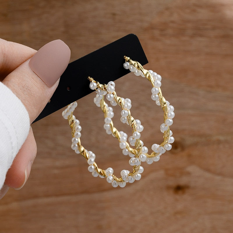 Vintage Gold Geometric Earrings Set Fashion Pearl Circle Hoop Earrings For Women Brincos Female Jewelry Gifts