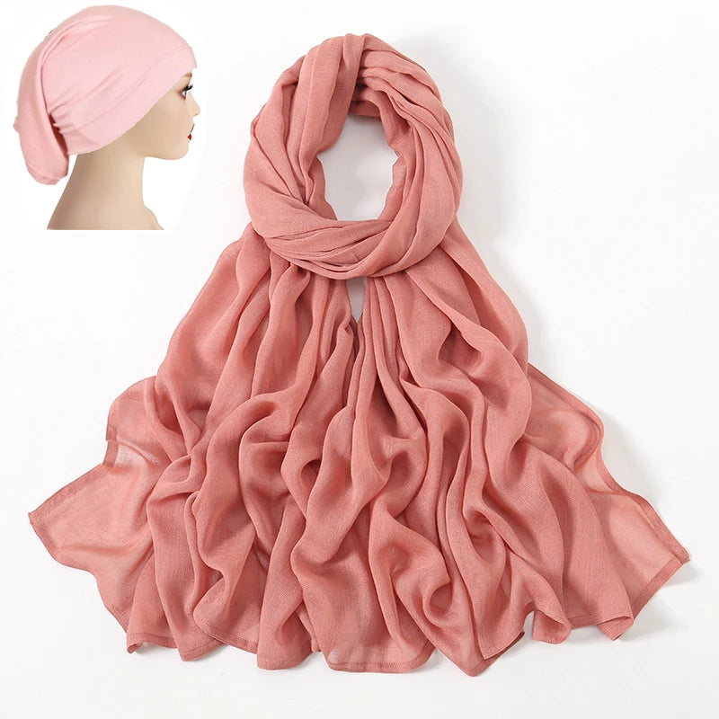 2 Pcs Set Viscose Hijab Matching Color Jersey Cap Plain Cotton Modal Muslim Women Scarf Soft Shawl Turbante Femenino