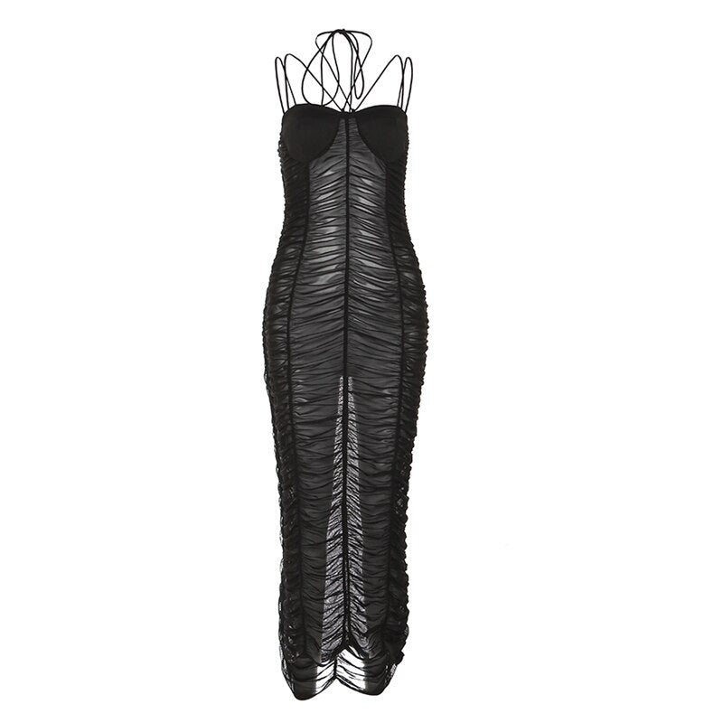 Mesh Uneven Folded Maxi Dress Women Patchwork Sling Dress See Through Halter Sexy Midnight Peach Buttock Vestidos