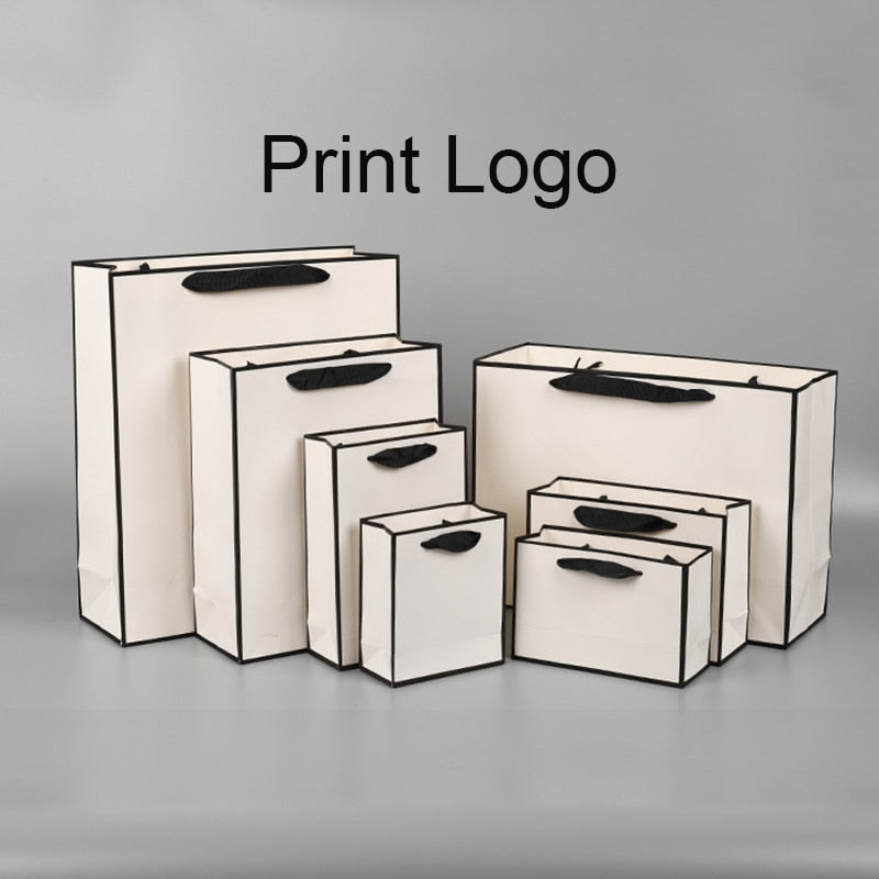 10 Uds. Bolsa de embalaje de papel de regalo con logotipo personalizado, embalaje artesanal, paquete de ropa de compras de negocios, bolsas Kraft para boda