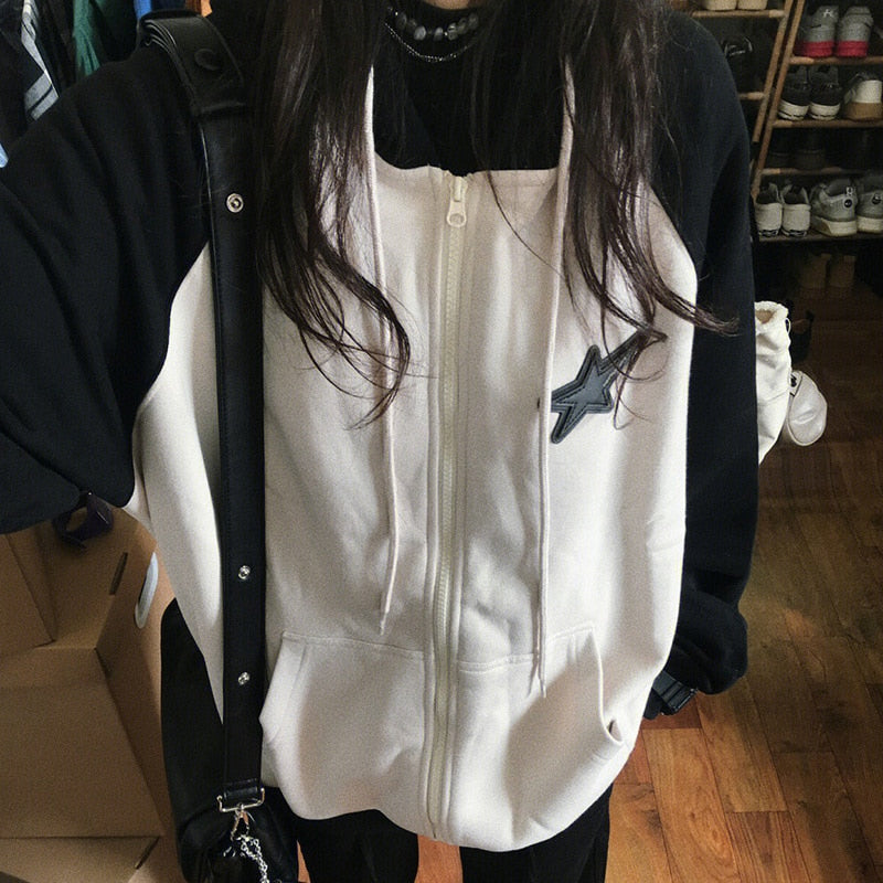 Vintage Streetwear Zipper Oversized Hoodies Women Harajuku Kpop Star Patchwork Sweatshirts Casual Thin College Tops Y2K