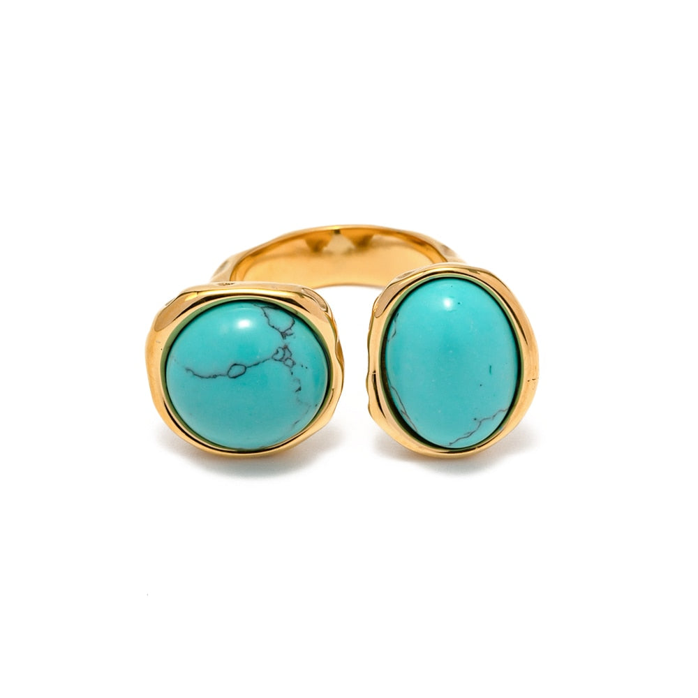Elegant Turquoise Malachite Onyx stone Beads Fashion Charm Open Ring Bague Waterproof 18k Gold Plated Women Jewelry