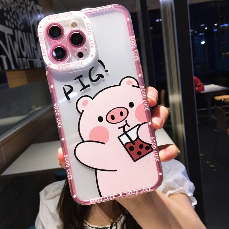Soft Cute Pig Cartoon Phone Case For iphone 11 12 13 14 Pro Max XS X XR 7 8 Plus SE 2020 Bumper Silicone Cases Cover