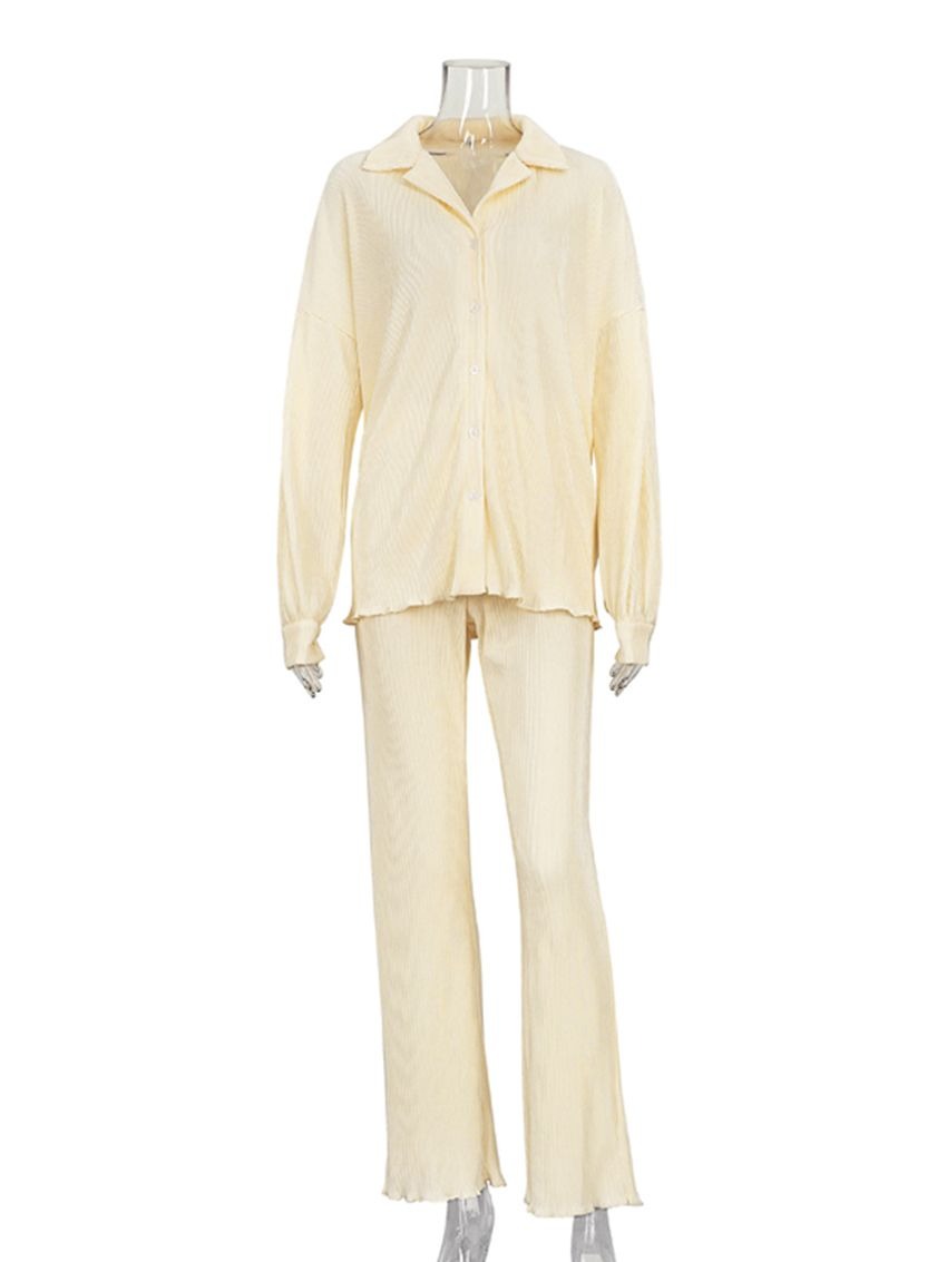 Conjunto informal holgado para casa, blusa de manga larga de otoño con pantalones de cintura alta, conjunto de pantalones de 2 piezas Beige plisado elegante para mujer