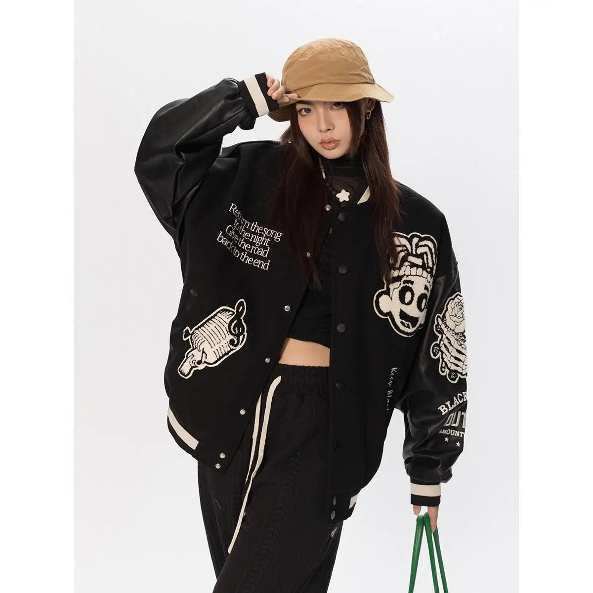 American character avatar pattern towel embroidery stitching trendy jackets for women  street hip hop fashion versatile y2k