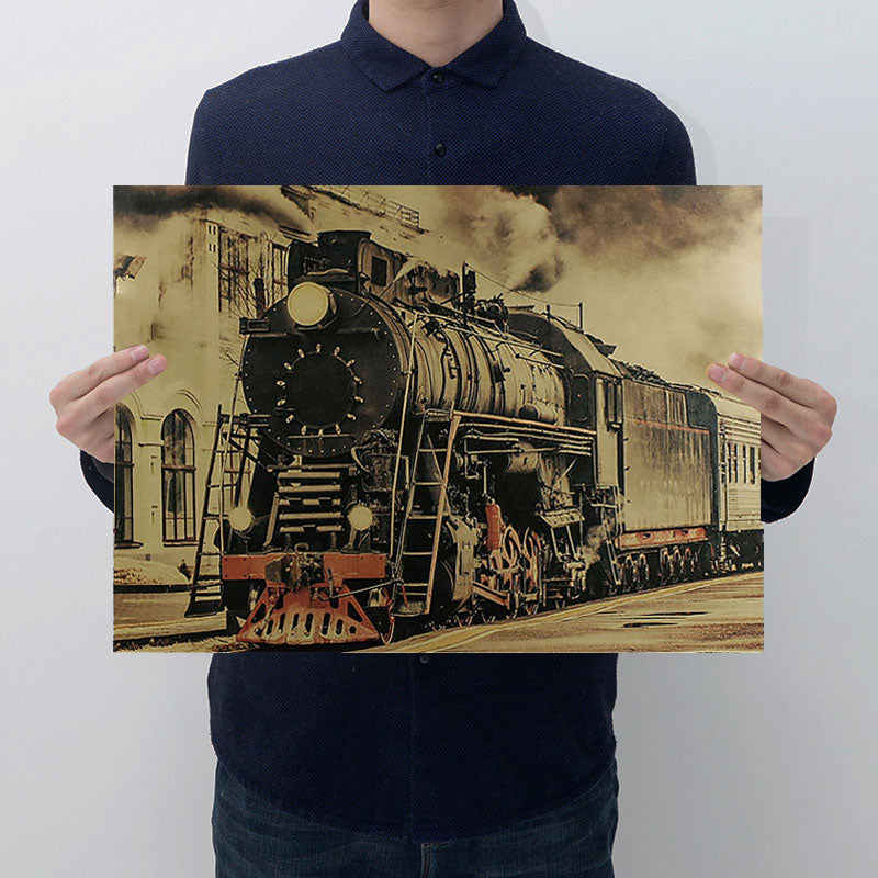 Vintage Steam Train Head Nostalgic Retro Kraft Paper Poster Bar Cafe Home Decor Painting Core Wall Stickers