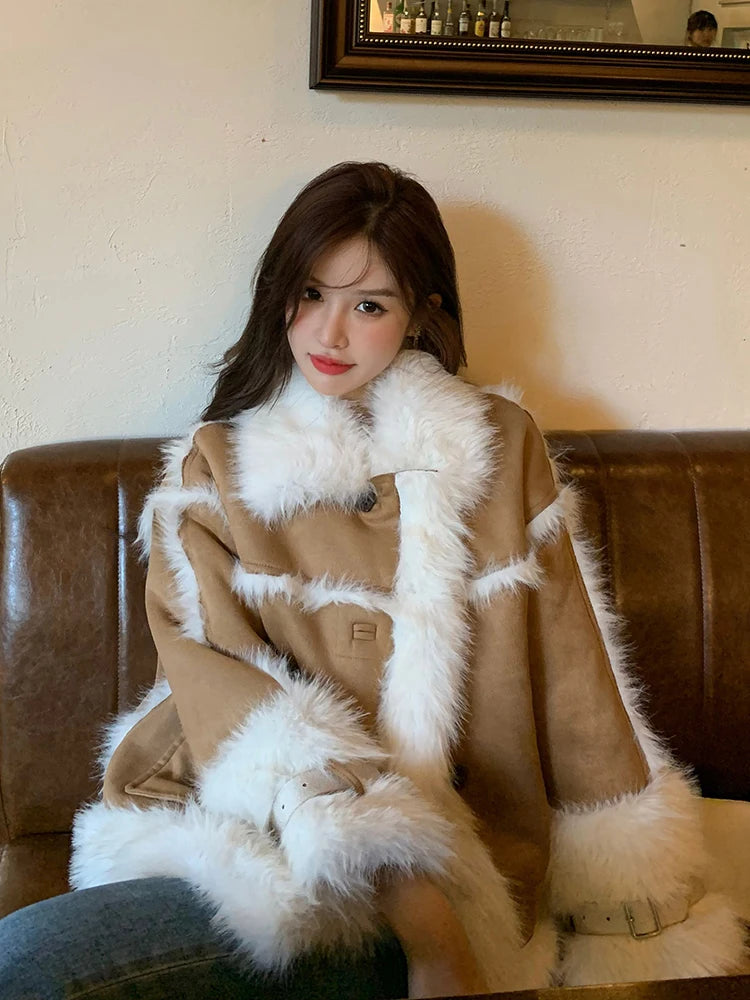 Lautaro Autumn Winter Oversized Soft Thick Warm Soft Faux Sheepskin Coat Women with Fur Trim Loose Casual Fluffy Jacket