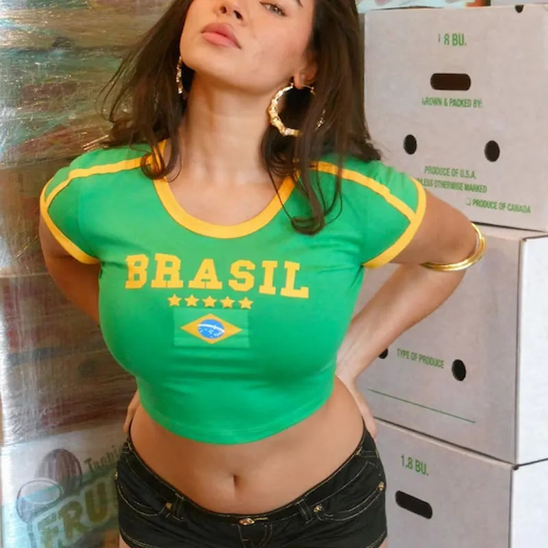 2023 Women's T-shirt Brazil Letter Aesthetic 90's Crop Tops Summer Short Sleeve Tees Kpop Streetwear Harajuku Y2K Clothes Lady