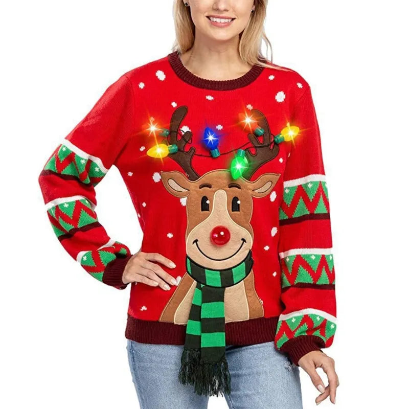 Women LED Light Up Holiday Sweater Christmas Cartoon Reindeer Knit Pullover Top