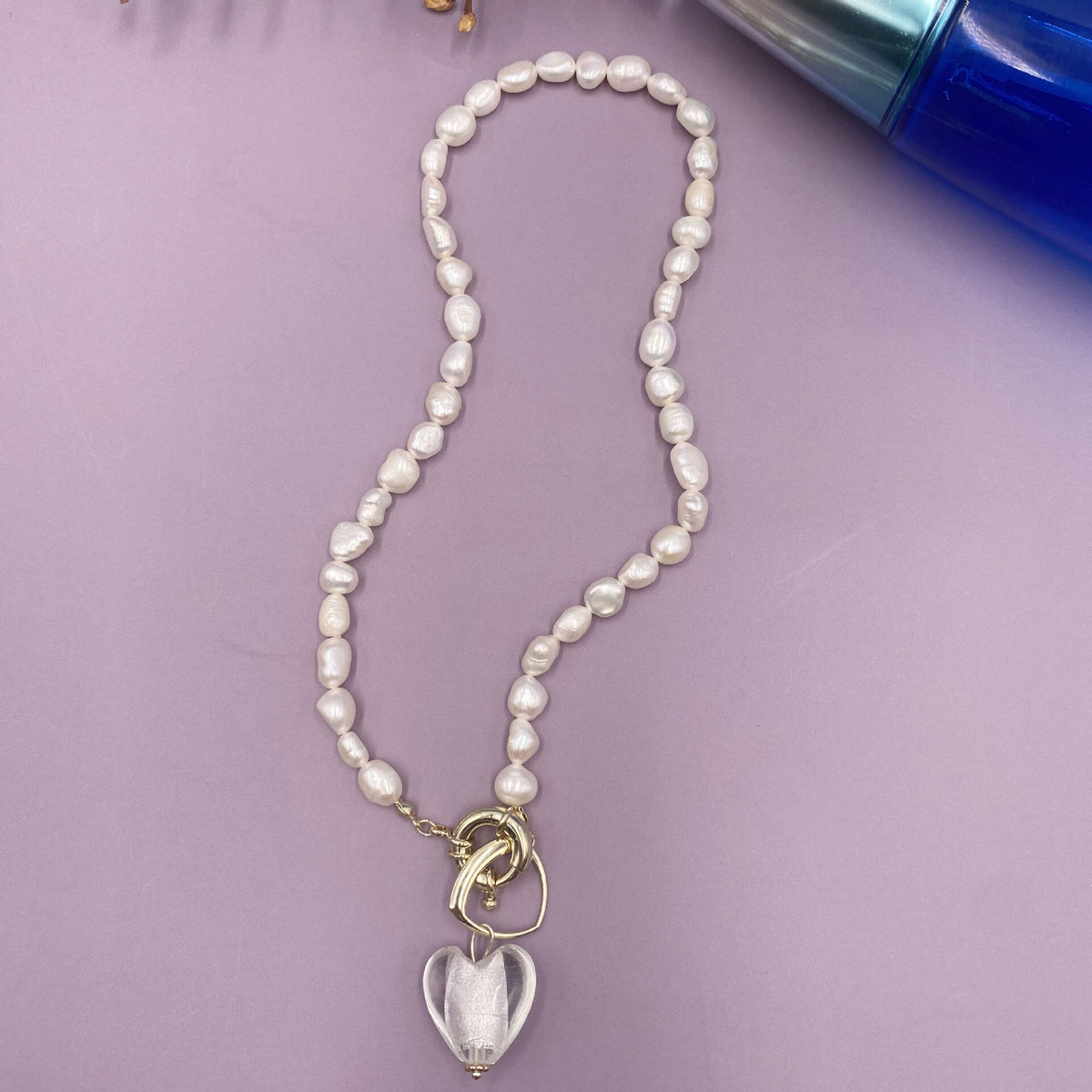 Vintage Baroque Irregular Natural Pearl Necklaces for Women Girl Blue Color Heart Linked Chain Pendant Chokers Necklace Jewelry