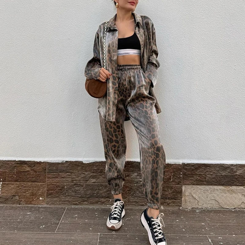 Harajuku Vintage Leopard Print Women Outfits Spring Single Breasted Lapel Shirt and Slim Pants Suit Autumn Long Sleeve Coat Sets