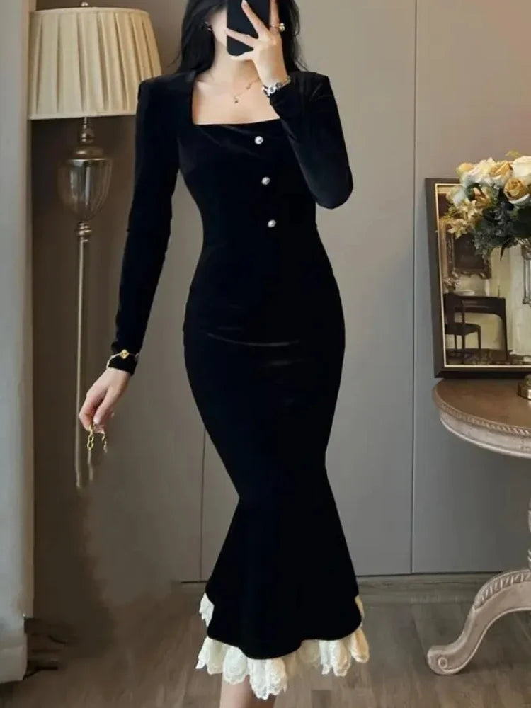 French Vintage One Piece Dress Women Button Elegant Y2k Evening Party Midi Dress Female Korean Style Casual Clothes  Winter
