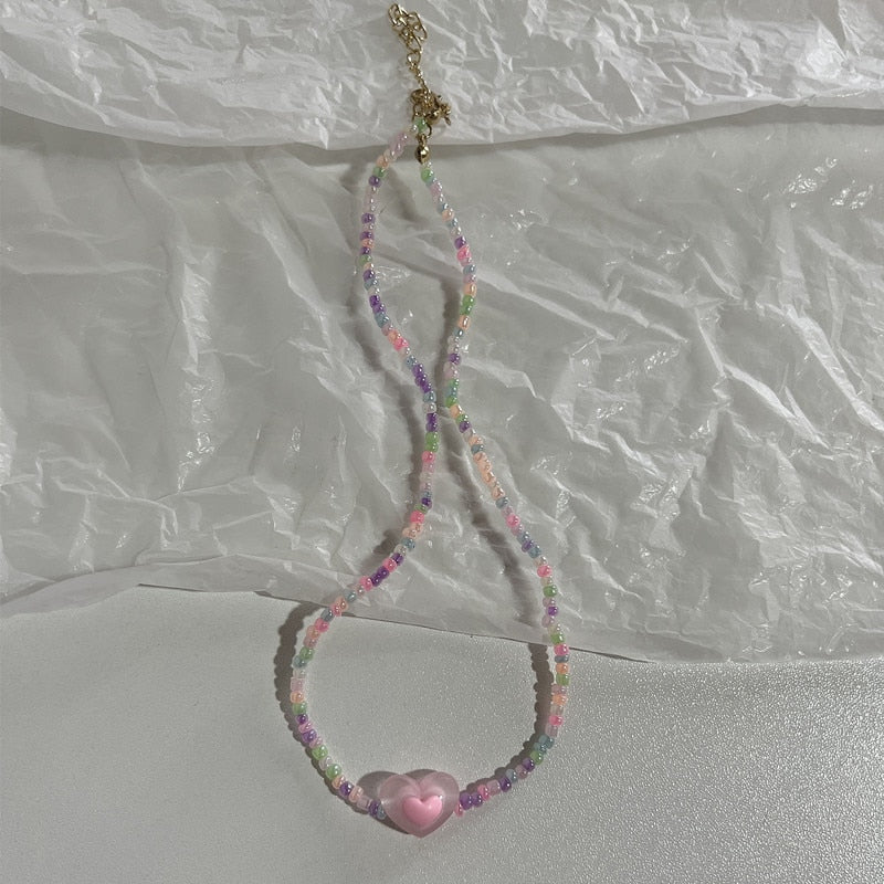 Cute Sweet Heart Pearl Crystal Beaded Necklace For Women Harajuku Egirl Y2K Grunge Aesthetic Jewelry Accessory Gift