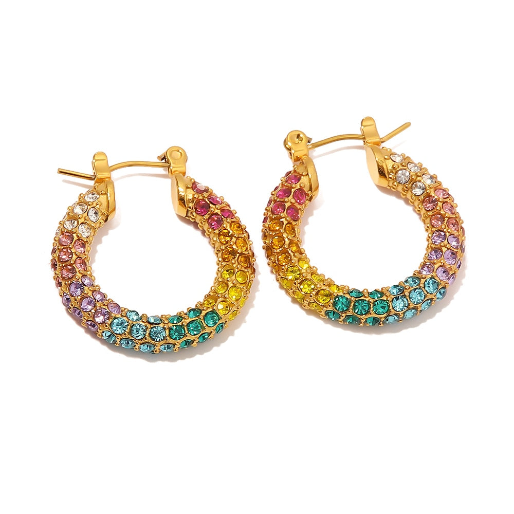 Luxuriöse Bling Bunte Zirkonia Eingelegte Creolen Ringe 18 Karat Wasserdicht PVD Vergoldet Ohrringe Damen Stilvoll