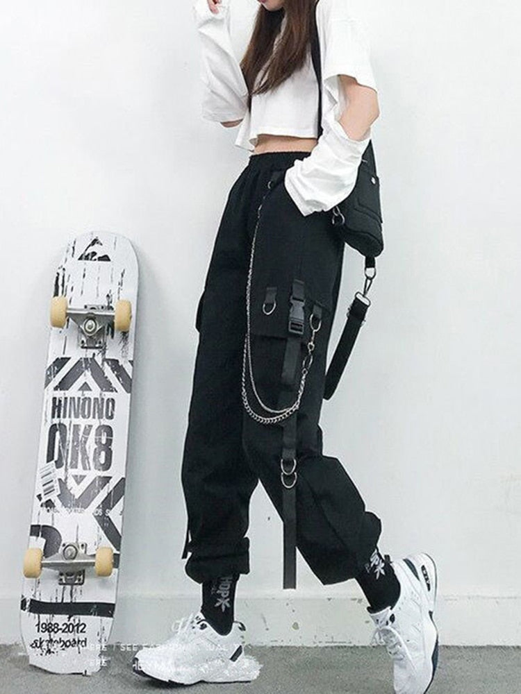 Damen Cargohose Haremshose Mode Punk Taschen Joggerhose mit Kette Harajuku Elastics High Waist Streetwear