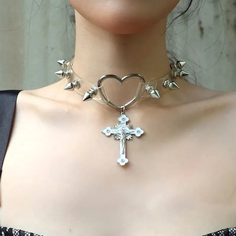 Grunge Rock Sexy Cross Necklace Studded Heart Choker Punk Aesthetic Leather Pendant Necklace Women Egirl Jewelry Goth Accessorie