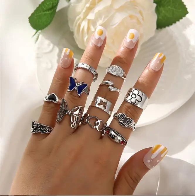 Gothic Silver Color Ring Set For Women Punk Aesthetic 2022 Costume Retro Jewelry Anxiety Chunky Gadgets Free Shipping Rings