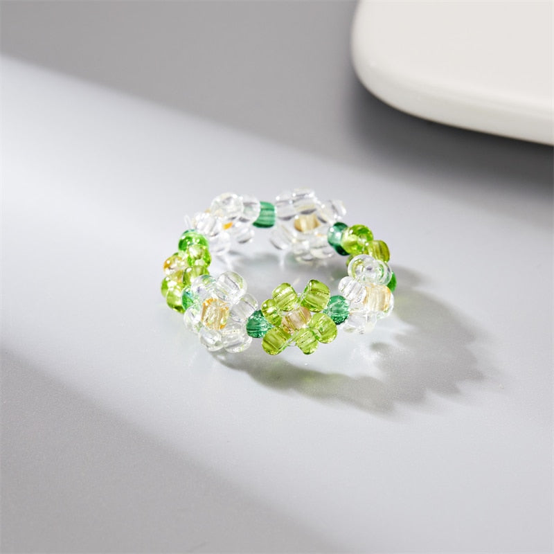 Bohemia Colorful Small Flower Ring Handmade Round Multi Beaded Rice Beads Ring For Women Girls Cute Jewelry Gifts