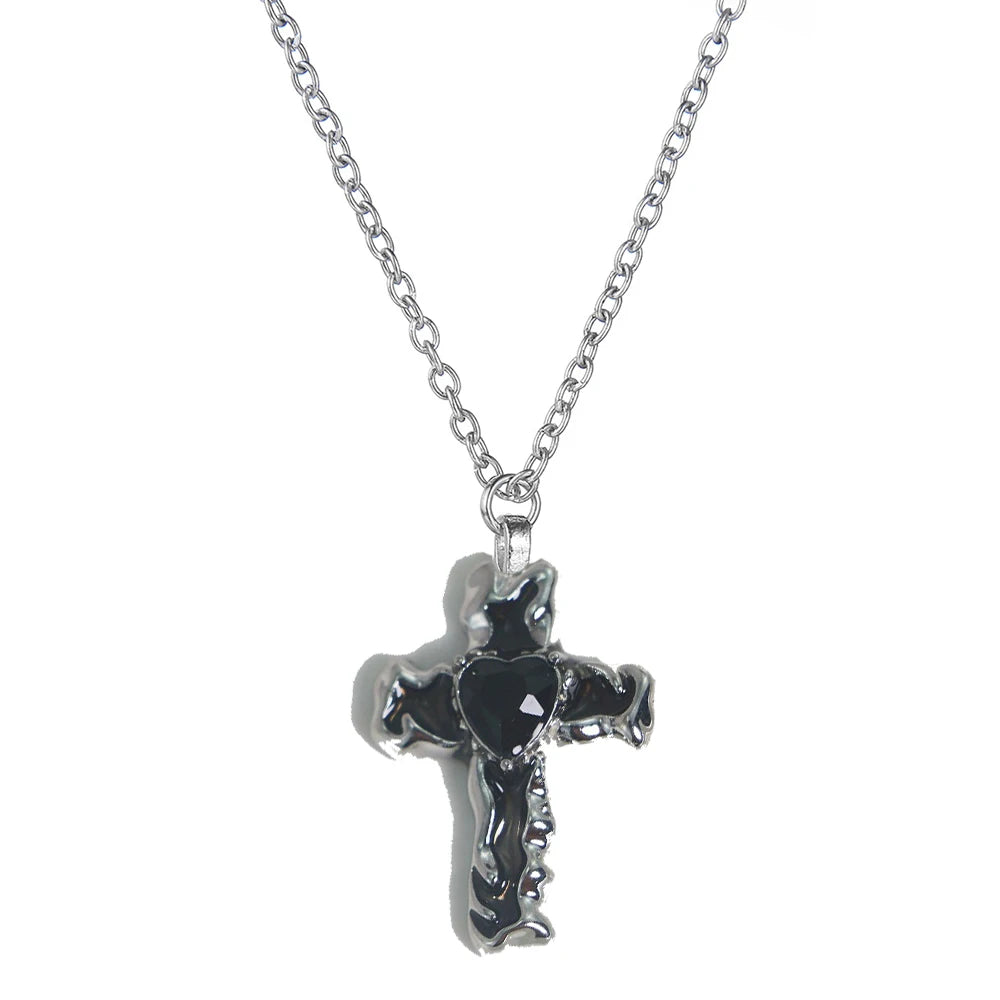 JWER  New Gothic Heart Zircon Cross Necklace Black Crystal Punk Y2K Heart Cross Chain Pendant Necklace for Woman Daily Wear
