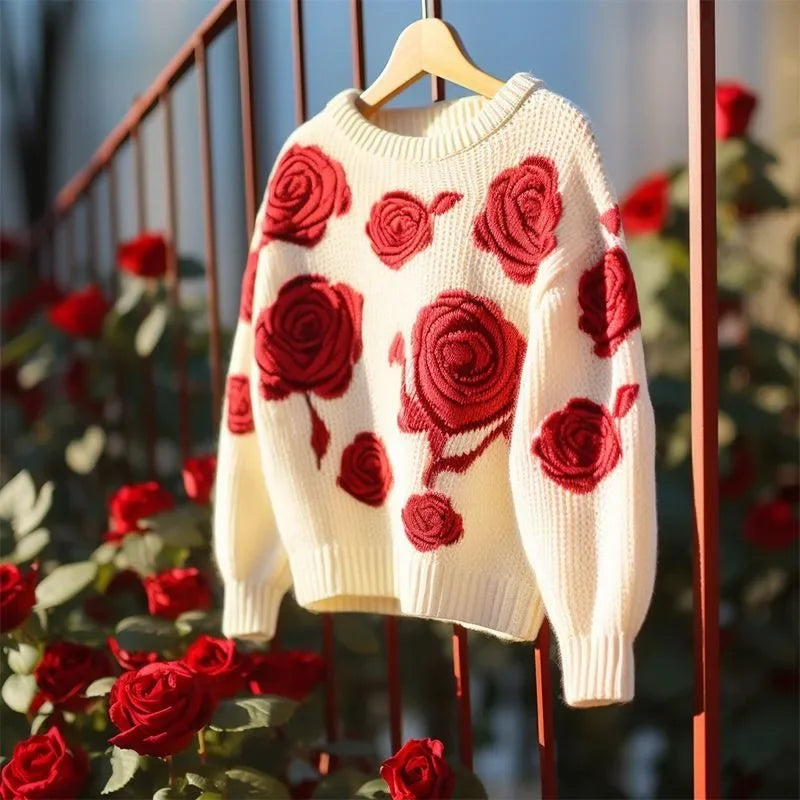 Women's Vintage Elegant Knitting Long Sleeve Pullovers 2023 Winter Casual Round Neck Flowers Jumpers Ladies Loose Sweater Top