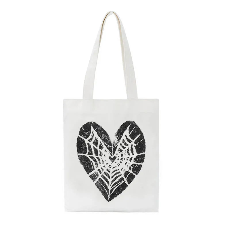y2k Spider web print canvas bag emo casual big capacity Punk Aesthetic zip up kpop shopper bag gothic casual women shoulder bag