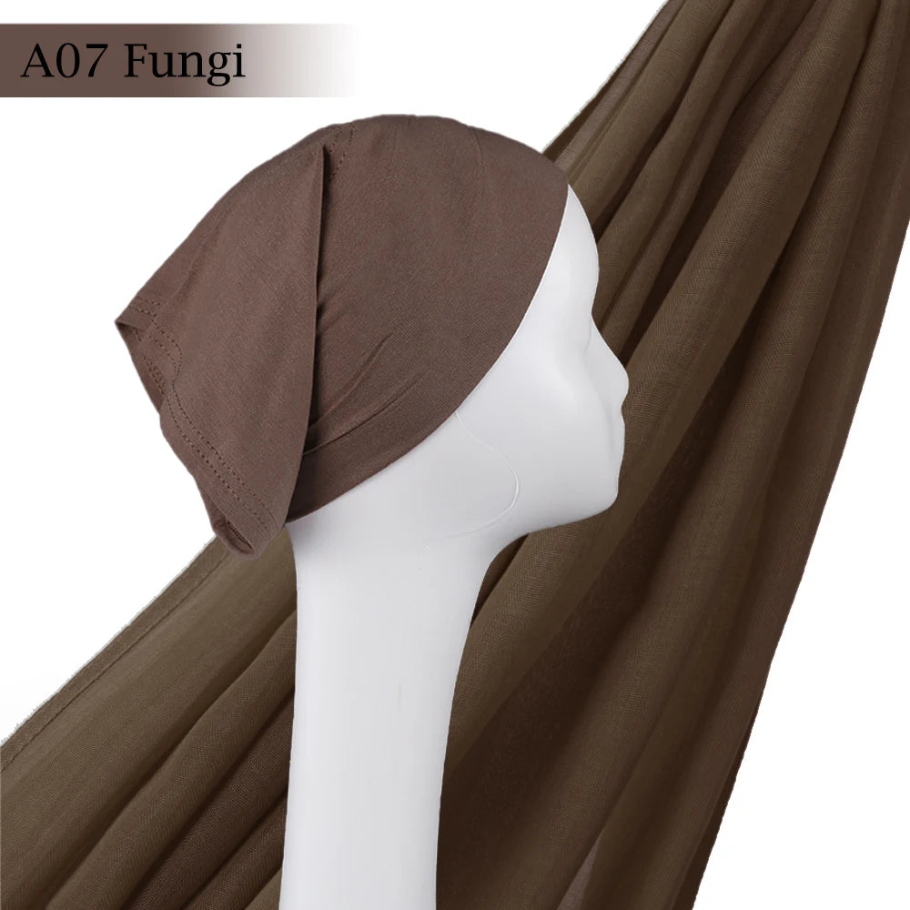 Light Viscose Rayon Shawl One Set Thin Plain Hijabs With Caps High Quality Muslim Fashion Head Scarf Headwraps Islam 185x85cm