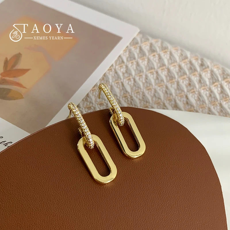 Fashion Design Micro Set Zircon Splice Metal Oval Pendant Chain Buckle Earrings For Women‘s Temperament Jewelry Accessories