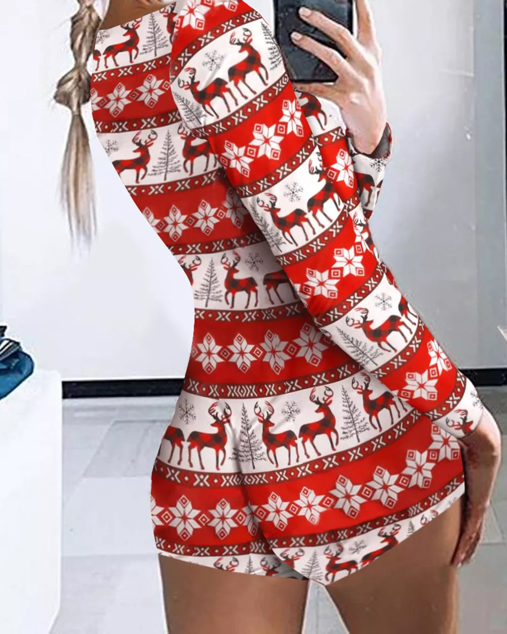 Puloru Christmas Printed Long Sleeve Rompers Women Fall Winter Casual Lounge Wear Outfit V-Neck Button down Short Playsuits