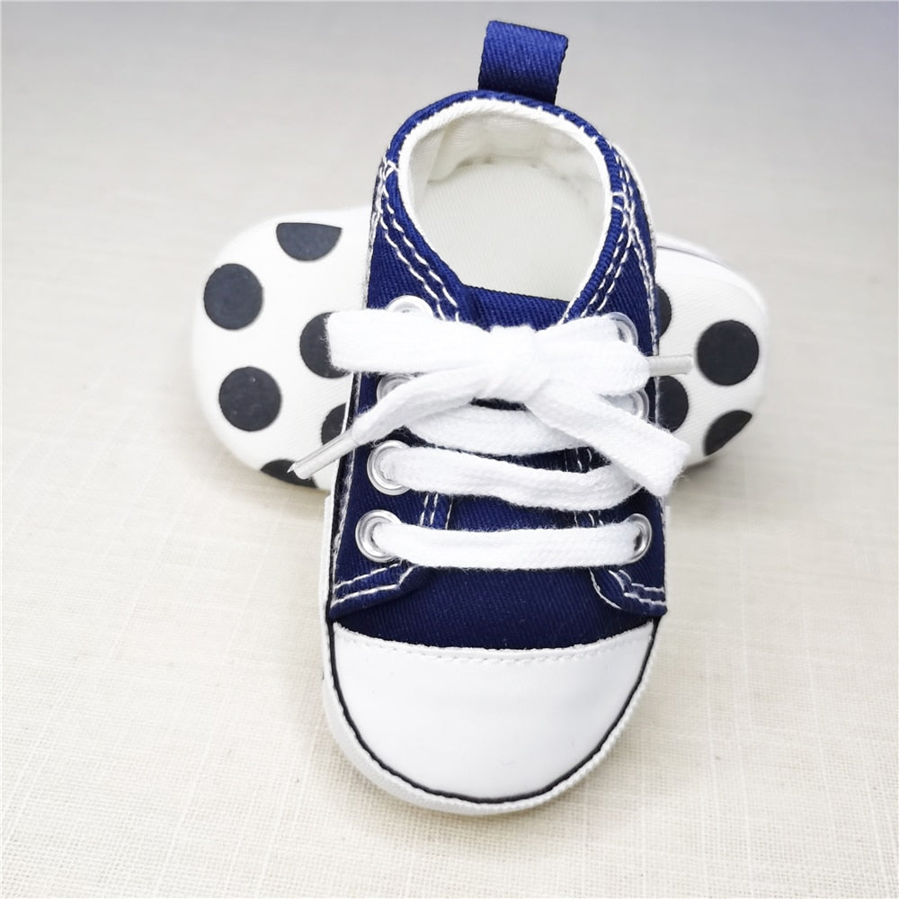 Zapatillas clásicas de lona para bebés, zapatillas deportivas con estampado de estrellas para recién nacidos, zapatos para primeros pasos para niños y niñas, zapatos antideslizantes para bebés de 7 a 12 meses
