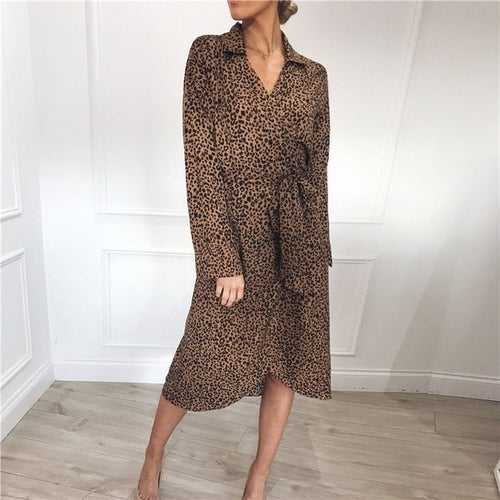 Sexy Leopard-Kleid-Frauen-beiläufiges langes Kleid
