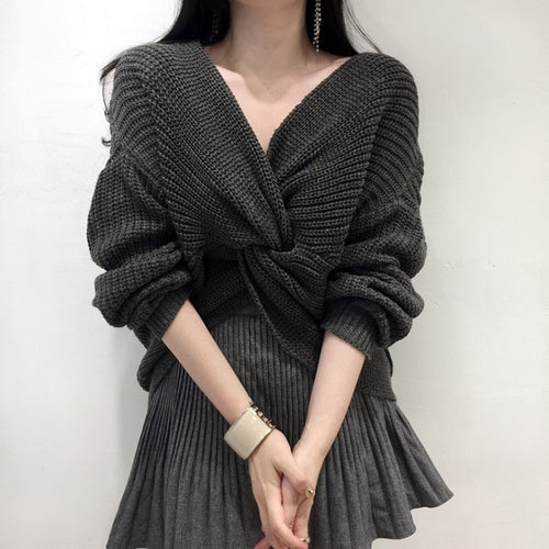 Sexy V Neck Twisted Sweater Women