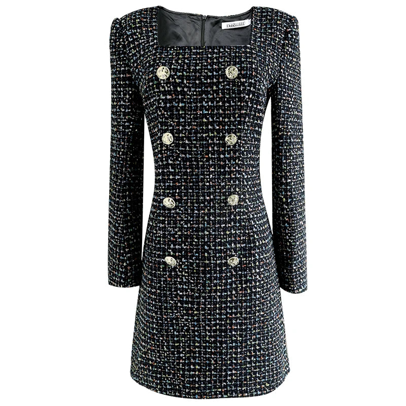 Dabuwawa Tweed Dress Square Neck Double Breast High Waist Slim Skirt Light Weight Fancy Suiting Christmas DF1CDR056