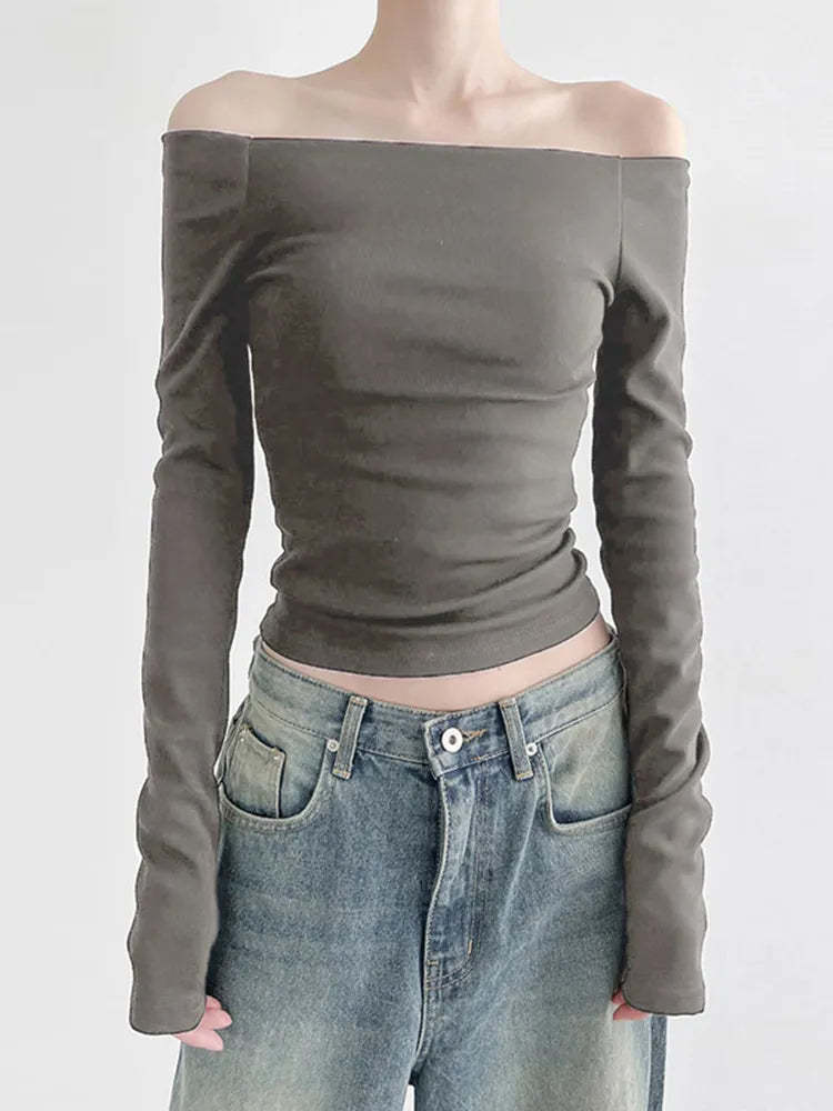 Black Solid Slash Neck Elegant Long Sleeve Tops Korean Fashion Slim Sexy Cropped T Shirt Women Fall Clothing