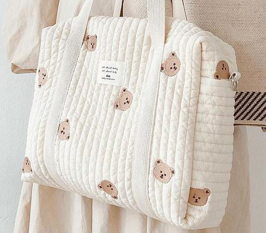 Cute Bear Flower Embroidery Pattern Baby Beige Cotton Fabric Zipper Diaper Handbag Luggage Bag