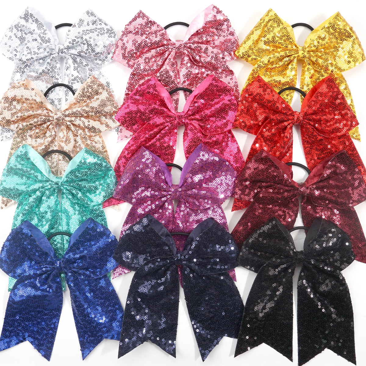 12Pcs 7.5" Bling Sparkly Glitter Sequins Pigtail Bows for kid Girls Large cheerleading bows Ponytail Holder Elastic Hair Ties
