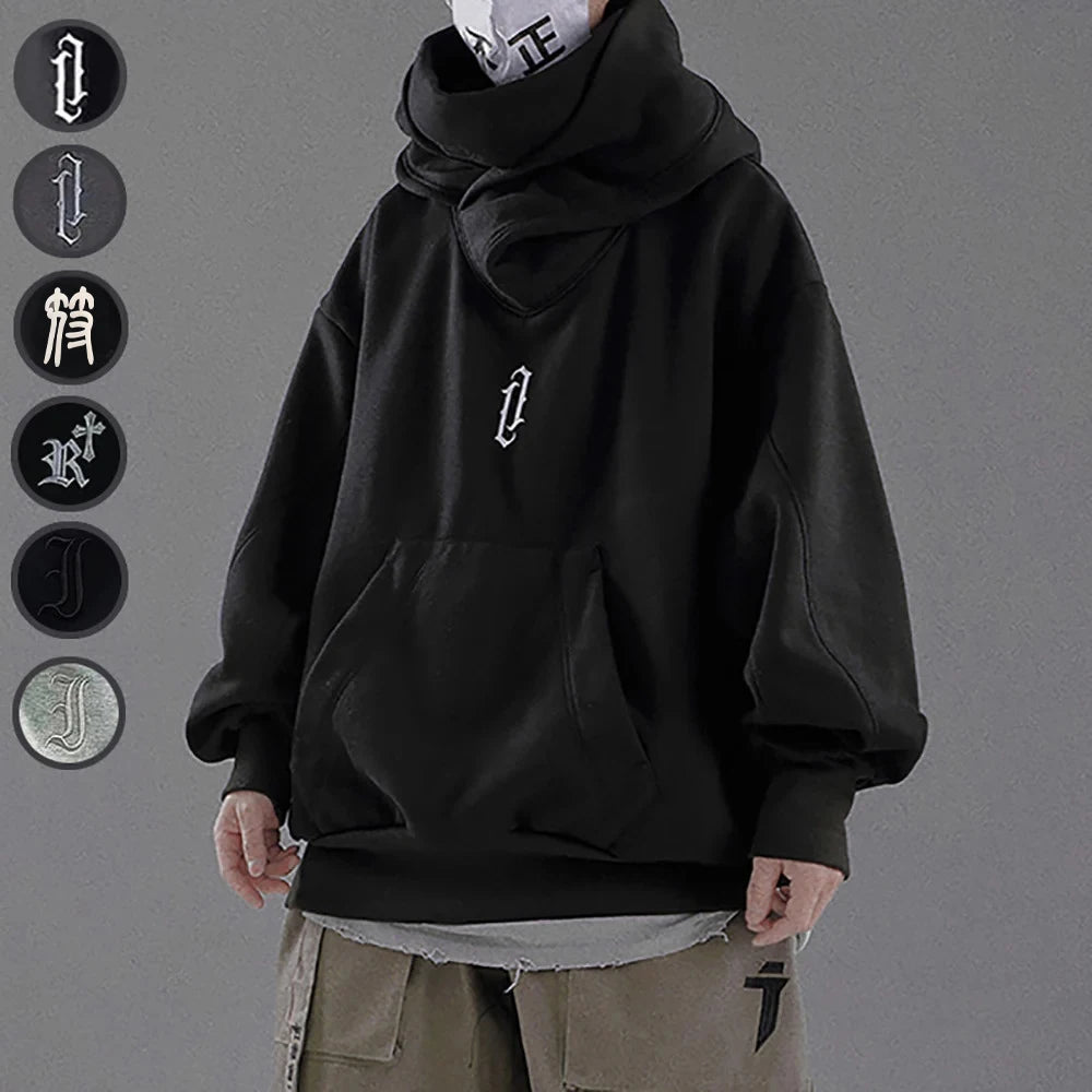 Japanese Harajuku Urban Streetwear Cyber Punk Y2K Scarf Collar Pullover Oversized Techwear Hoodie For Men Black Dark Grey