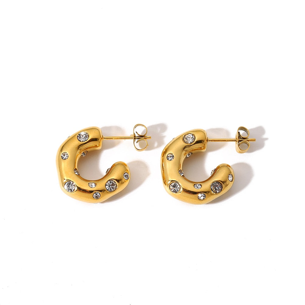 Shaped Hammer Shiny Zircon CC Shape Hoop Earrings For Women 18K Gold Plated Stainless Steel Circle Earrings Jewelry