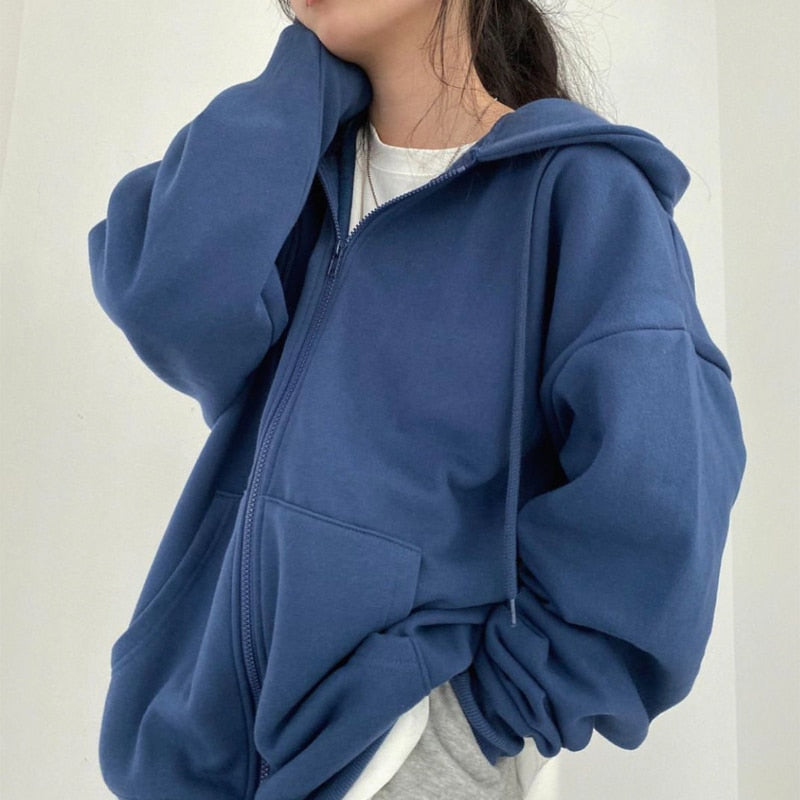 Harajuku Koreanische Version Kapuzen-Sweatshirts Damen Winter Solide Reißverschluss Lose Jacke Mäntel Vintage Langarm Übergroße Hoodies