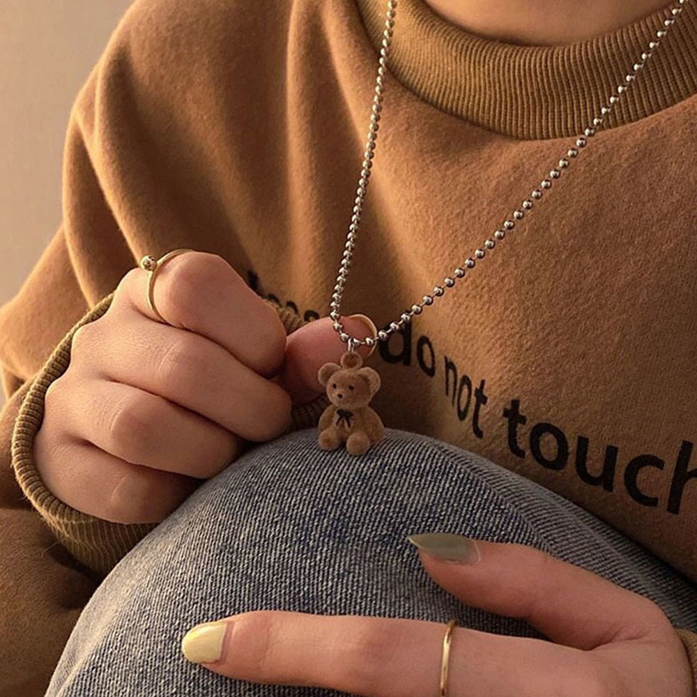 Korean Cute Plush Bear Pendant Necklace For Girl Women Bear Long Sweater Chain Necklace Collar Jewelry