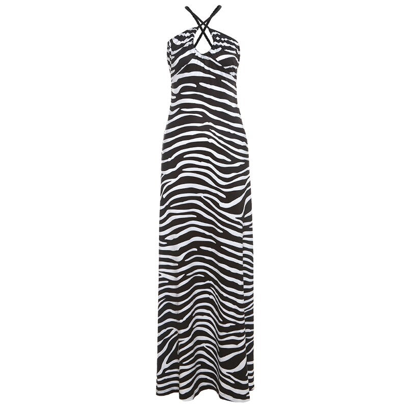 Zebra-stripe Slim Maxi Dresses Women Elegant Cross Halter Summer Fashion Party Bodycon Female Evening Dresses Streetwear