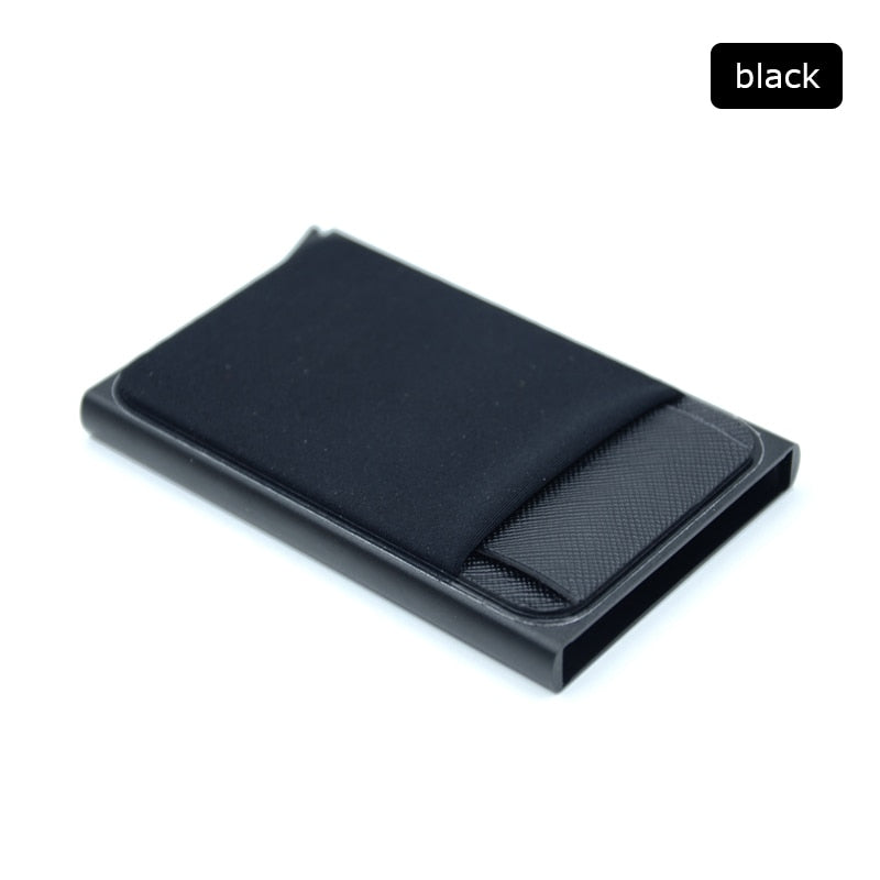 Cartera delgada de aluminio con bolsa trasera elástica, tarjetero de identificación, minicartera RFID, caja automática emergente para tarjetas bancarias