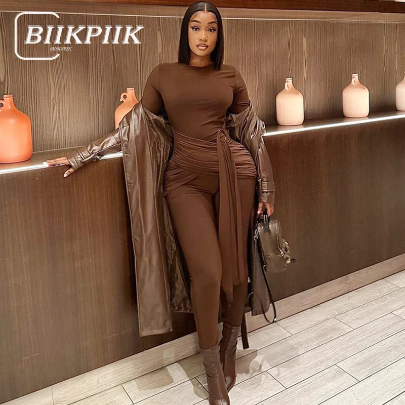 BIIKPIIK Sexy Brown Slim Fit Women Jumpsuits Casual Long Sleeve Rompers Designed Overalls Fitness Warm Autumn Outfits Club Party