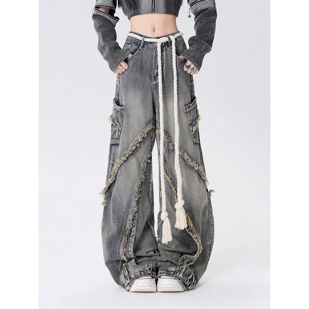 Fashionable aesthetic raw edge design high waisted jeans for women y2k baggy high street hip hop casual versatile cargo pants