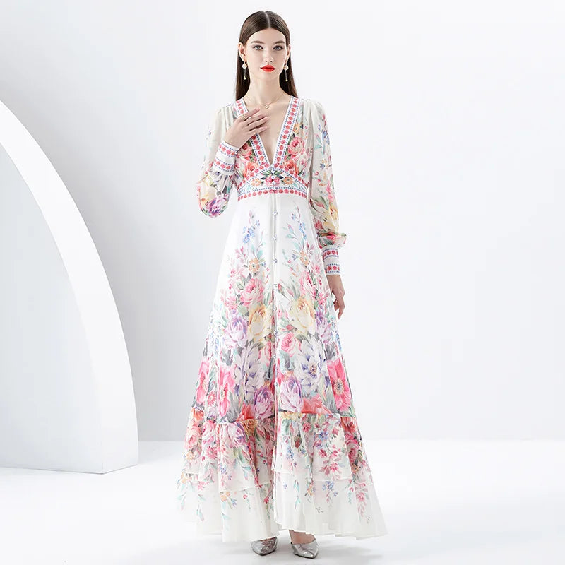 2024 Spring Summer Gorgeous Flower Chiffon Cascading Dress Women's Deep V-Neck Long Sleeve Floral Printed Boho Robe Vestidos