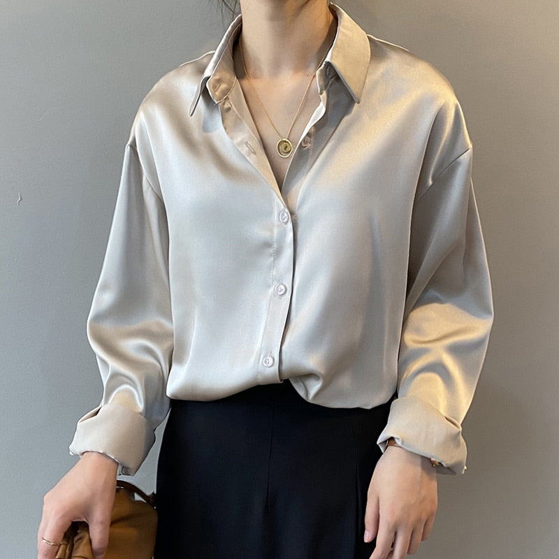 Button Up Satin Silk Shirt Vintage Blouse Women White Lady Long Sleeves Female Loose Street Shirts